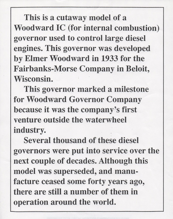Elmer E. Woodward's first diesel engine governor designed and developed from a hydraulic water wheel governor