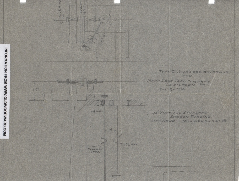 An original 1918 tracing paper drawing of a Woodward size D water wheel governor installation.