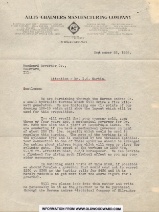 ALLIS-CHALMERS MANUFACTURING COMPANY LETTER, CIRCA 1928