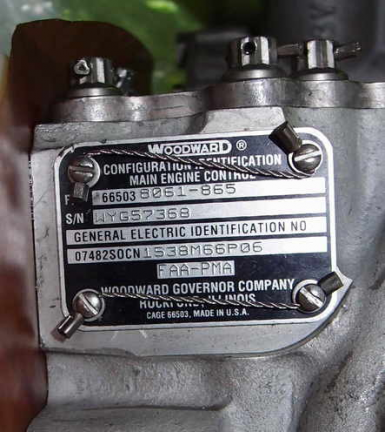 Name plate for the G.E. CF6-80C jet engine fuel control.