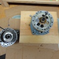 The third major subassembly taken apart showing the drive shaft and the fuel pump housing.