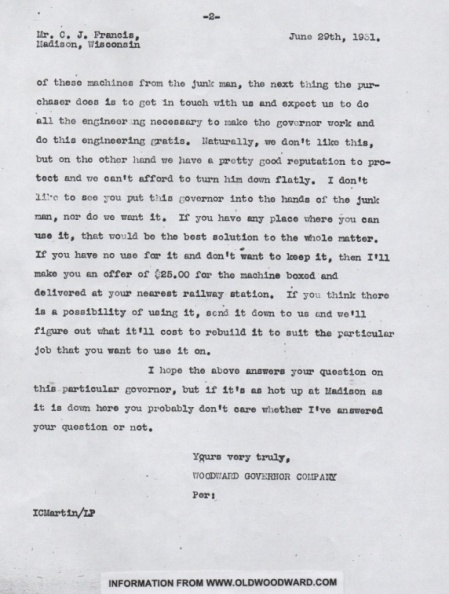 Letter about selling a governor in 1931.