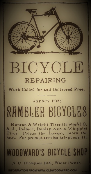 A newspaper advertisement for the A.W. Woodward bicycle repair business. The ad is dated from 1894, when the country was in the midst of a depression, and Amos Woodward had to turn to bicycle sales and repairs to keep the little business afloat. img178.jpg