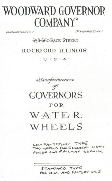 Amos Woodward's mechanical water wheel governor catalog from the 1890's.
