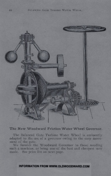 Amos Woodward's new standard friction type water wheel governor in four sizes.