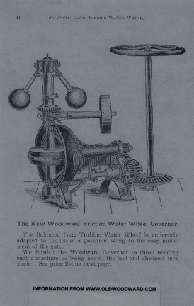 Amos Woodward's new standard friction type water wheel governor in four sizes.