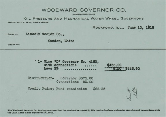 Woodward shop order for a size D governor serial number 4180, circa 1919.
