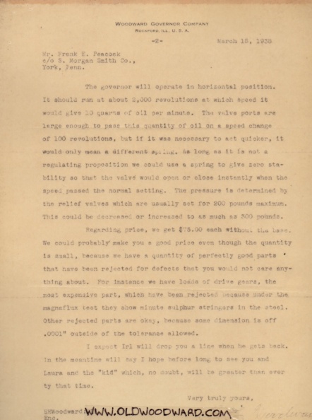 Elmer Woodward writes about his type A and type B aircraft engine governor.  Page 2.