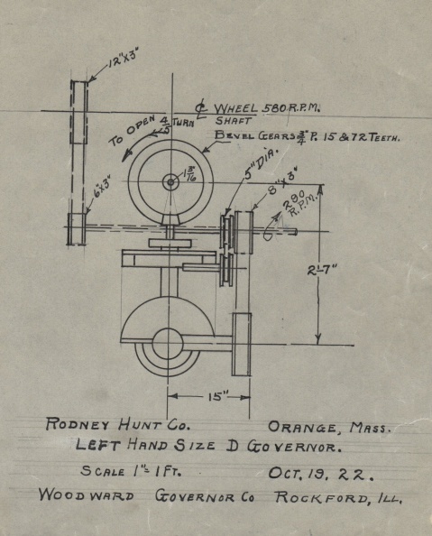 An original 1922 drawing of a Water Wheel governor installation.
