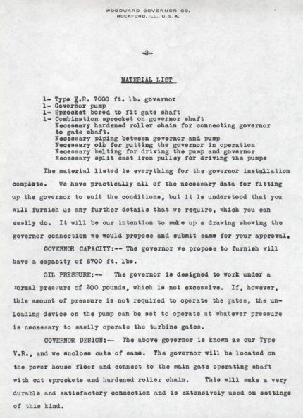 Woodward Governor Company's bid for a Hydro-electric power plant governor system, circa 1916.  2