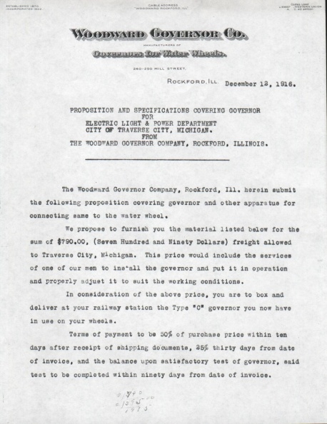 Woodward Governor Company's bid for a Hydro-electric power plant governor system, circa 1916.