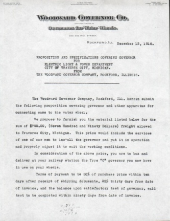 Woodward Governor Company's bid for a Hydro-electric power plant governor system, circa 1916.