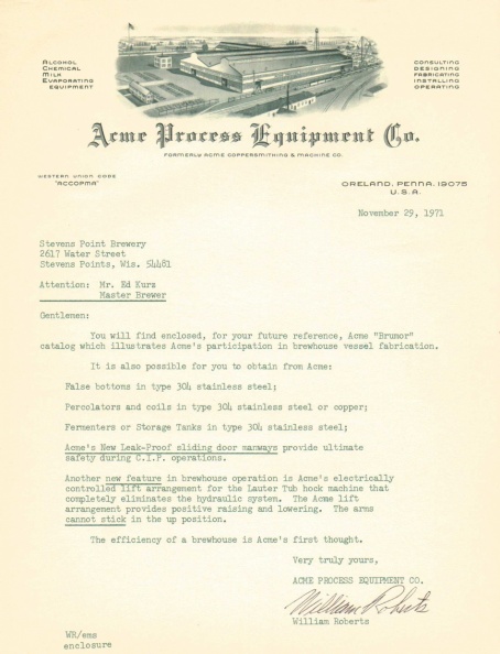 Brewer Brad's Acme Process equipment letter from the archives.