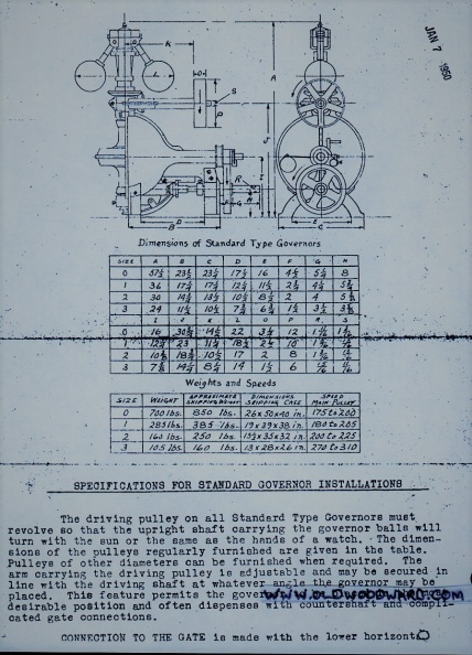 WOODWARD STANDARD TYPE GOVERNOR DATA FROM THEIR 1908 CATALOGUE.