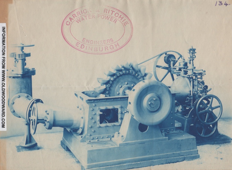 Applcation of a Woodward compensating type governor to a Pelton turbine water wheel for export shipment.