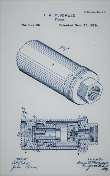 Amos Woodward pump patent 222,116, circa 1879. - Amos Woodward pump patent 222_116_ circa 1879-xx.jpg Amos Woodward pump patent 222_116_ circa 1879-xx.jpg