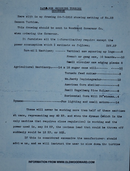 DATA FOR ORDERING TURBINE GOVERNOR FROM THE ARCHIVES.