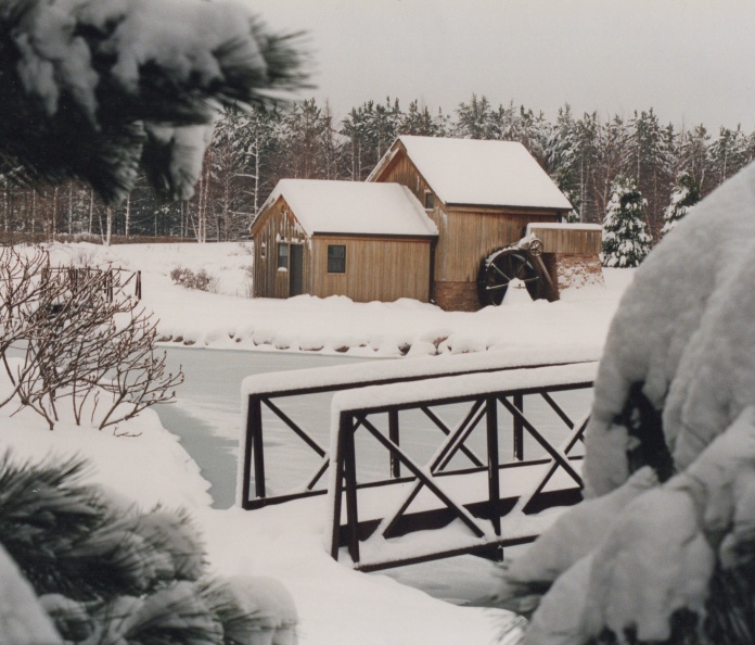 Winter scene looking out at the Woodward Mill House in Stevens Point, Wisconsin.