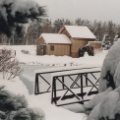 Winter scene looking out at the Woodward Mill House in Stevens Point, Wisconsin.