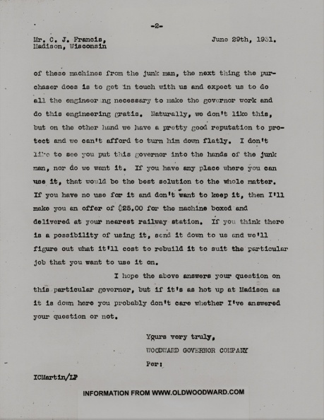 Letter to Woodward about the value of an obsolete governor, page 2.