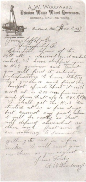 1887 letter from Amos Woodward to the James Leffel Company.