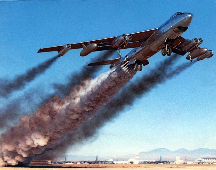 A Boeing B-47B aircraft with rocket-assisted take off on April 15, 1954 061024-F-1234S-011