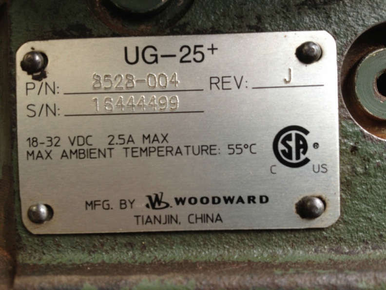 A Woodward UG-25 series diesel engine governor name plate.