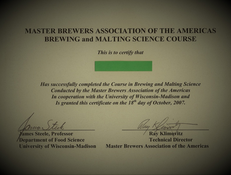 Certificate for the Art and Science of Brewing Beer.