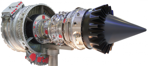 The Safran Silvercrest gas turbine engine on display.
