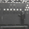 Elmer Woodward compares the smallest and the largest Woodward Governors manufactured   Circa 1937 