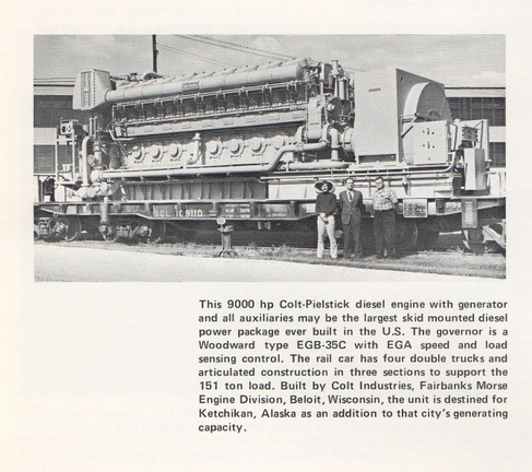 A Fairbanks-Morse 9000 h.p. diesel engine equipped with the Woodward Company controls, circa 1975.