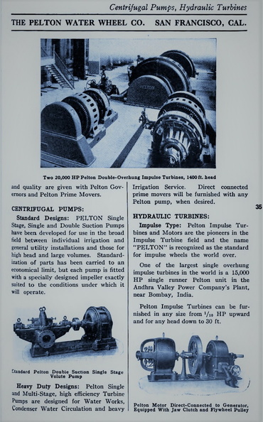 THE PELTON WATER WHEEL COMPANY AD FROM 1921.