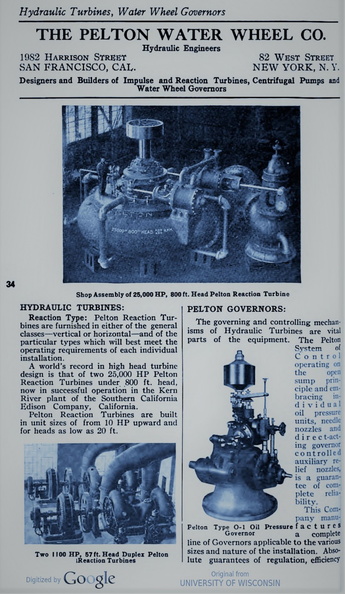 THE PELTON WATER WHEEL COMPANY AD FROM 1921.