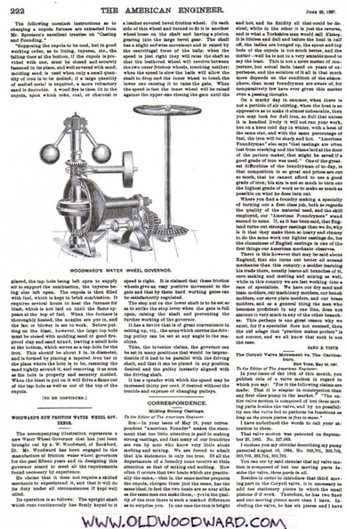 Amos Woodward's new friction water wheel governor, circa 1897.