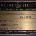 Builder name plate data for the GE gas turbine locomotive.