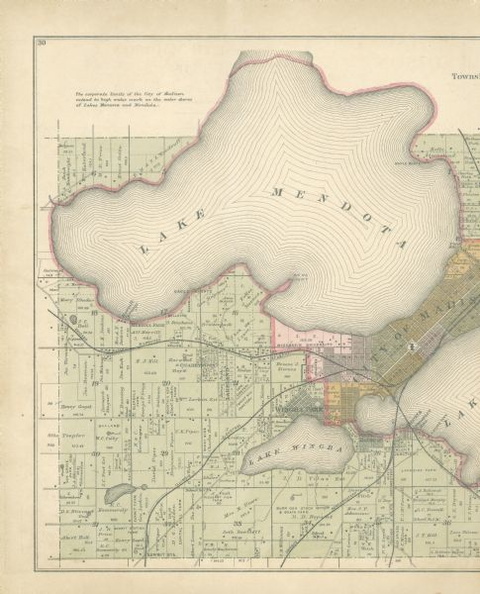 One section of a plat map of Madison Wisconsin showing Lake Mendota, circa 1890.