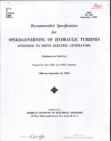 SPECIFICATIONS FOR SPEED-GOVERNING OF HYDRAULIC TURBINES.