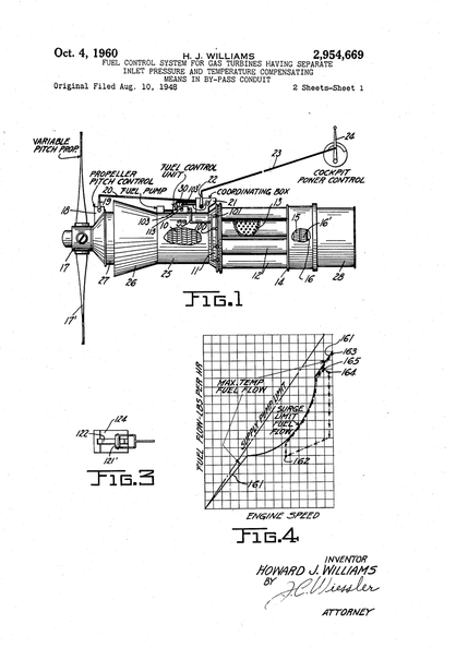 A Bendix Company patent for a fuel control governor for gas turbine engines.