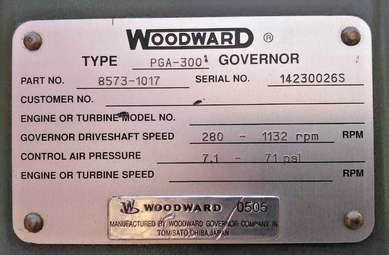 Name plate for a large Woodward PGA -300 series hydraulic diesel engine governor.