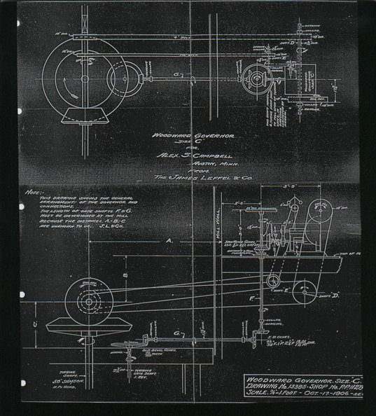 A drawing of a Woodward water wheel governor application from the James Leffel Company.