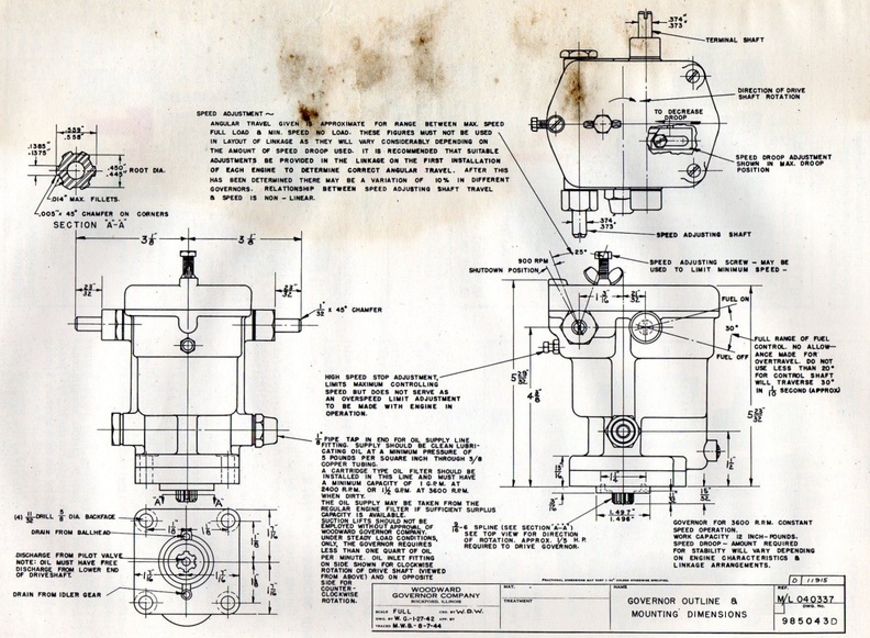 An original 1940's Woodward SG governor manual data sheet.