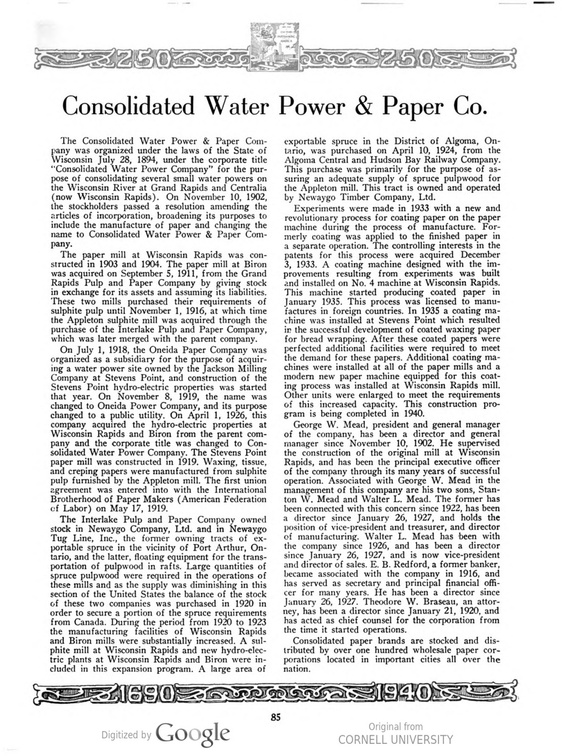  CONSOLIDATED WATER POWER AND PAPER COMPANY HISTORY