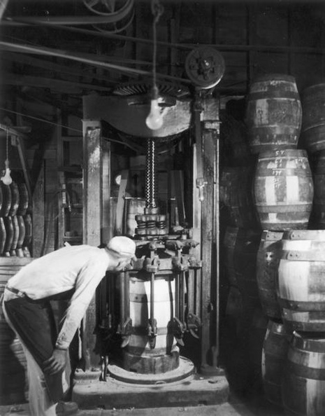 Frank Foots Hess Jr. watching a machine set hoops on a barrel at the Hess Cooperage, circa 1952.