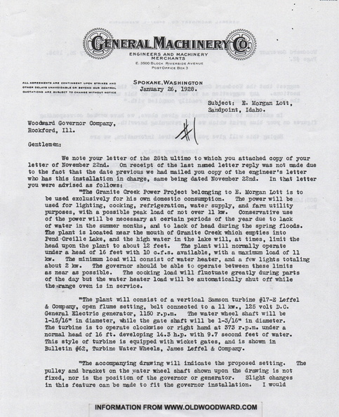 The Granite Creek Power Project letter, circa 1928.
