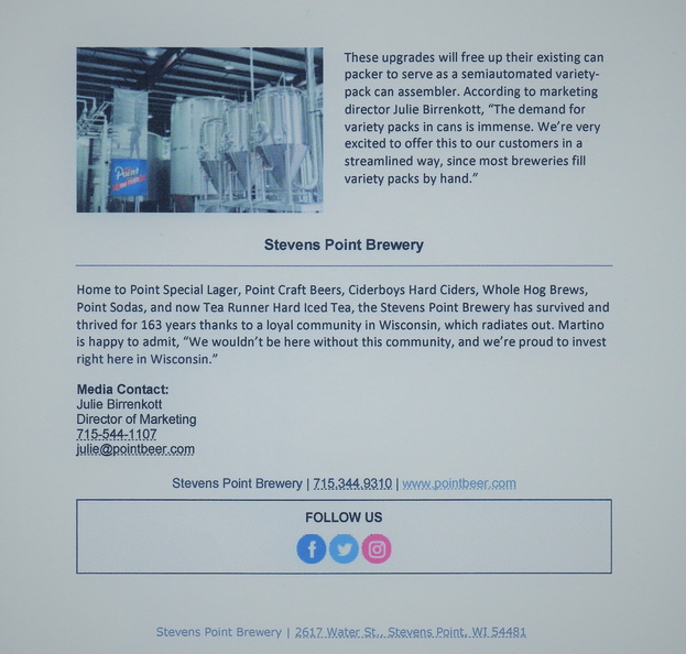 The Historic Stevens Point Brewery Adds Capacity and New Capabilities For The Year 2021.   Page 3.