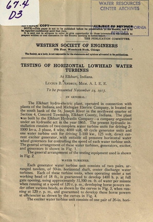 TESTING OF HORIZONTAL LOWHEAD WATER TURBINES.