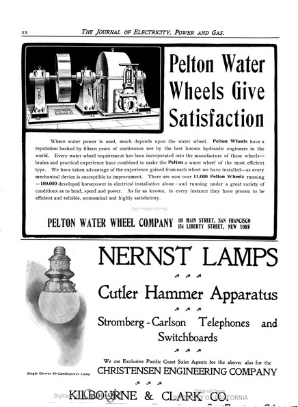 THE PELTON WATER WHEEL COMPANY AD IN 1903.