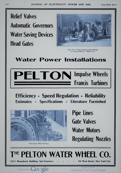 PELTON WATER WHEEL COMPANY AD FROM1909.
