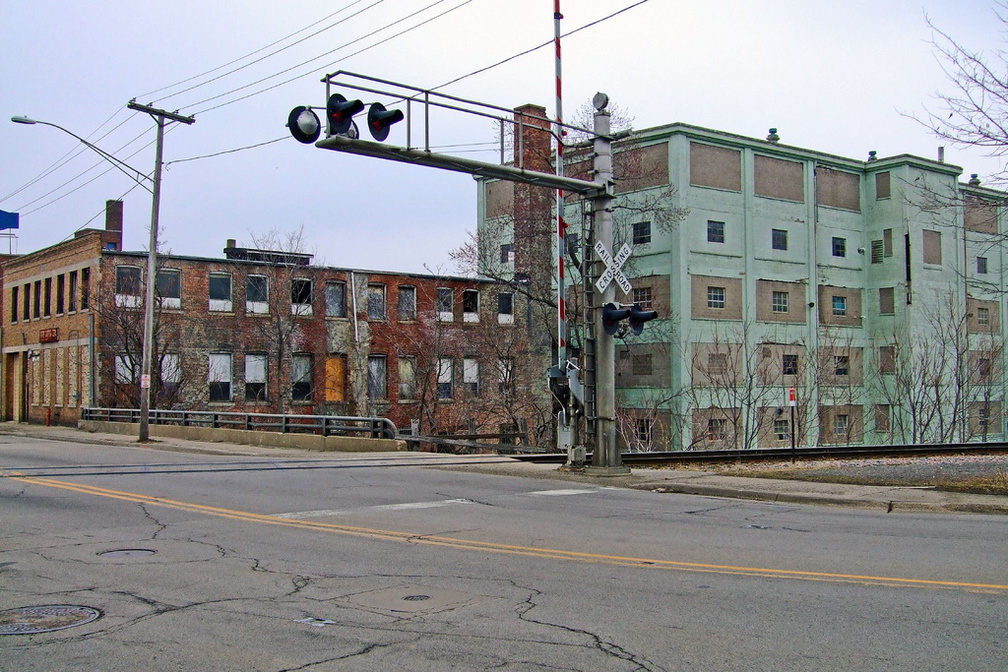 The old green Woodward building at 250 Mill Street in Rockford, Illinois, circa 2008.