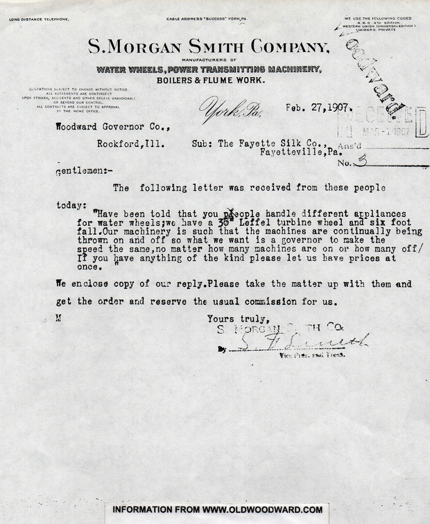 A telegram inquiry to the S. Morgan Smith Company from the Fayette Silk Company, circa February 27, 1907.